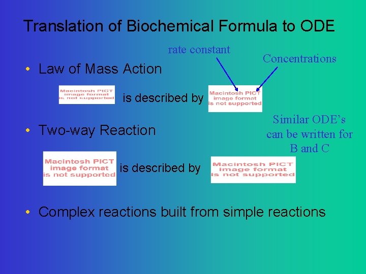 Translation of Biochemical Formula to ODE rate constant • Law of Mass Action Concentrations