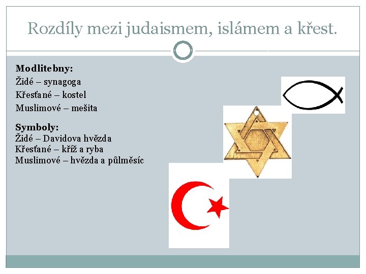 Rozdíly mezi judaismem, islámem a křest. Modlitebny: Židé – synagoga Křesťané – kostel Muslimové