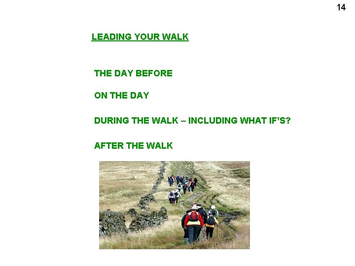 14 LEADING YOUR WALK THE DAY BEFORE ON THE DAY DURING THE WALK –