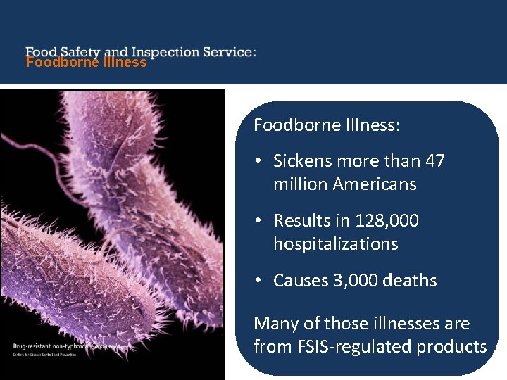 Foodborne Illness: • Sickens more than 47 million Americans • Results in 128, 000