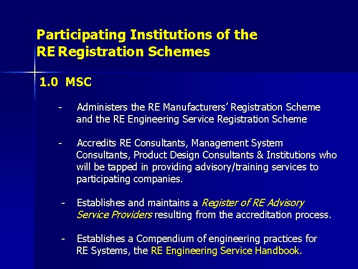 Participating Institutions of the RE Registration Schemes 1. 0 MSC - Administers the RE