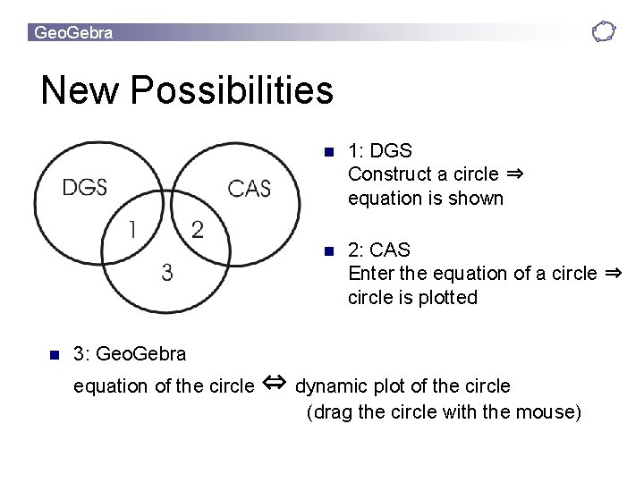 Geo. Gebra New Possibilities n n 1: DGS Construct a circle ⇒ equation is