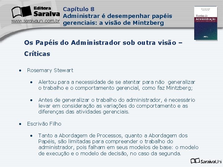 Capítulo 8 Administrar é desempenhar papéis gerenciais: a visão de Mintzberg Capa da Obra