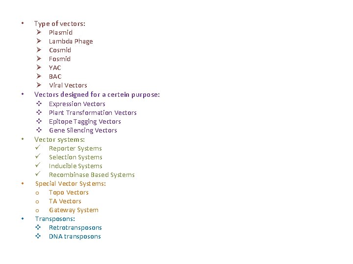  • • • Type of vectors: Ø Plasmid Ø Lambda Phage Ø Cosmid