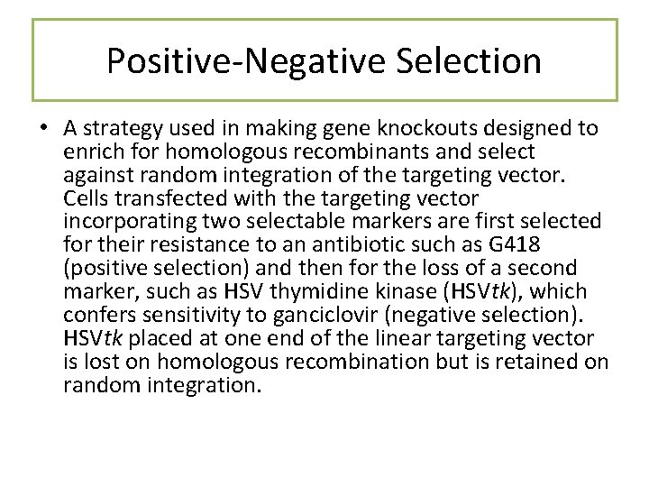 Positive-Negative Selection • A strategy used in making gene knockouts designed to enrich for Positive-Negative Selection • A strategy used in making gene knockouts designed to enrich for