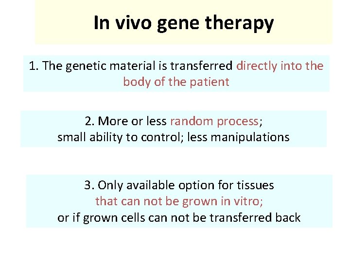 In vivo gene therapy 1. The genetic material is transferred directly into the body