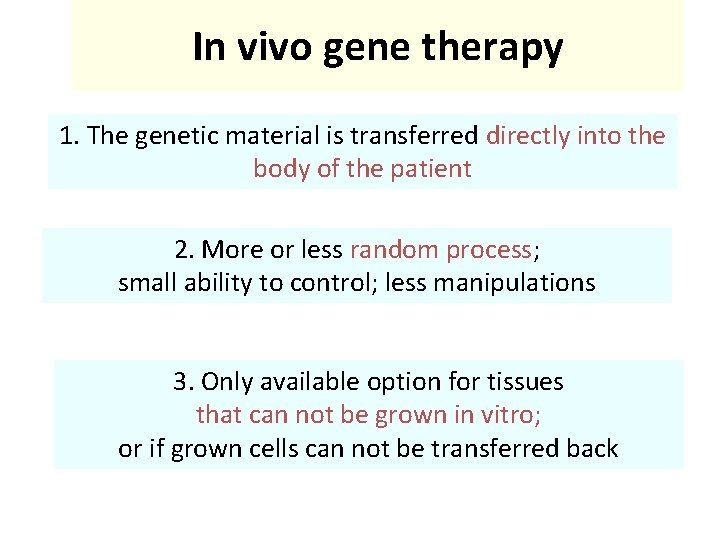 In vivo gene therapy 1. The genetic material is transferred directly into the body In vivo gene therapy 1. The genetic material is transferred directly into the body