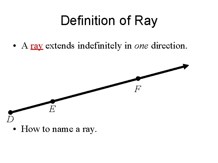 Definition of Ray • A ray extends indefinitely in one direction. F E D