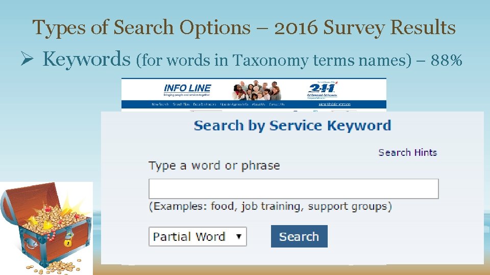 Types of Search Options – 2016 Survey Results Ø Keywords (for words in Taxonomy