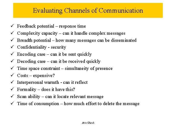 Evaluating Channels of Communication ü ü ü Feedback potential – response time Complexity capacity