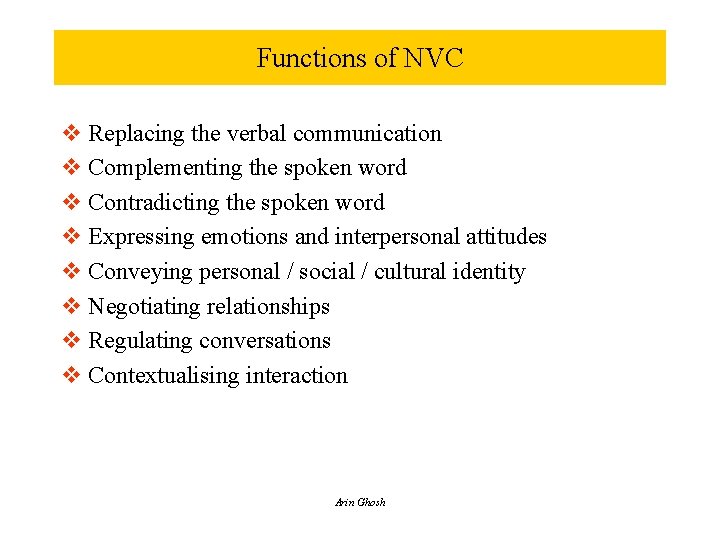 Functions of NVC v Replacing the verbal communication v Complementing the spoken word v