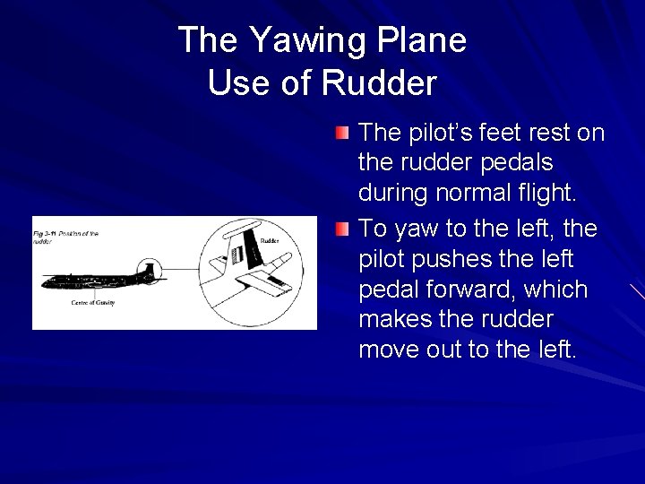 The Yawing Plane Use of Rudder The pilot’s feet rest on the rudder pedals