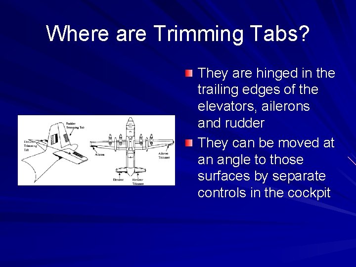 Where are Trimming Tabs? They are hinged in the trailing edges of the elevators,