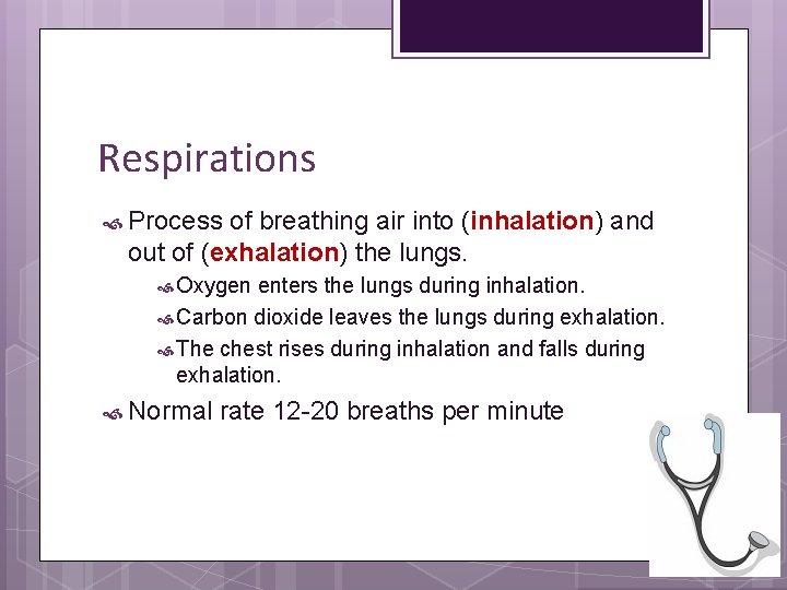 Respirations Process of breathing air into (inhalation) and out of (exhalation) the lungs. Oxygen