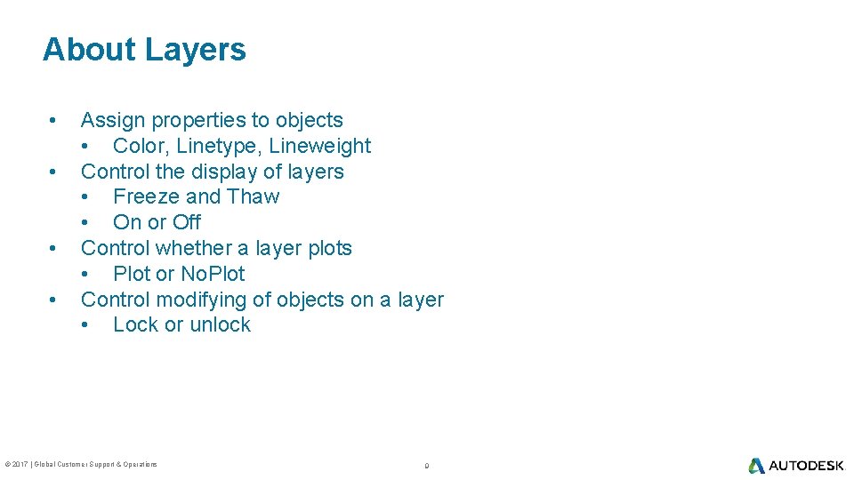 About Layers • • Assign properties to objects • Color, Linetype, Lineweight Control the