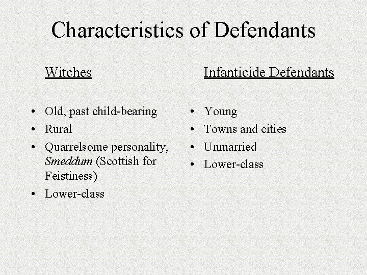 Characteristics of Defendants Witches • Old, past child-bearing • Rural • Quarrelsome personality, Smeddum