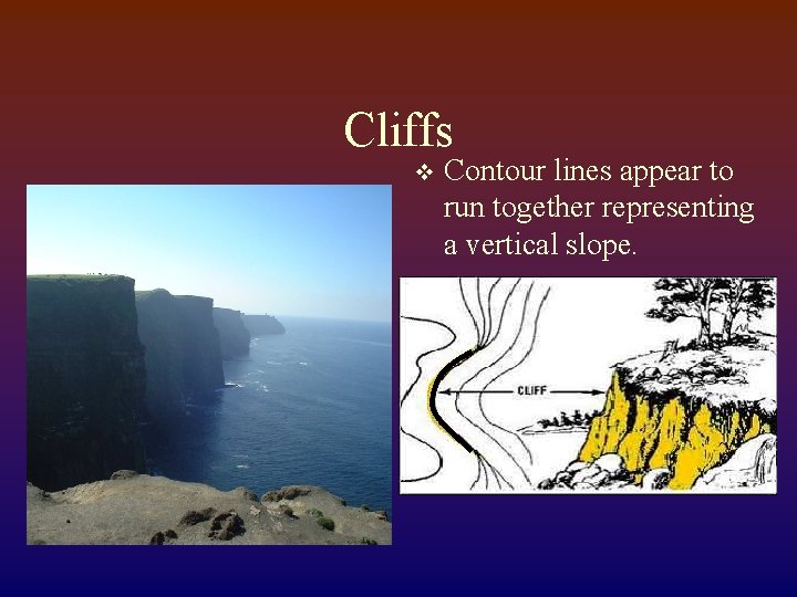 Cliffs v Contour lines appear to run together representing a vertical slope. 