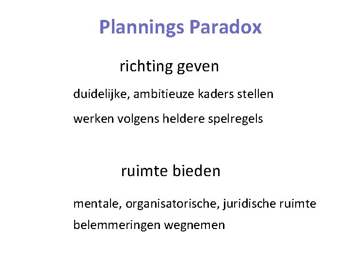 Plannings Paradox richting geven duidelijke, ambitieuze kaders stellen werken volgens heldere spelregels ruimte bieden