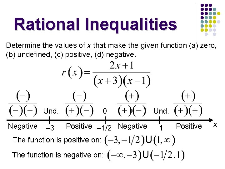 Rational Inequalities Determine the values of x that make the given function (a) zero,