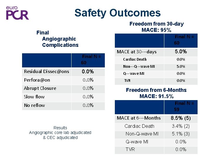 Safety Outcomes Freedom from 30 -day MACE: 95% Final N = 60 Final Angiographic