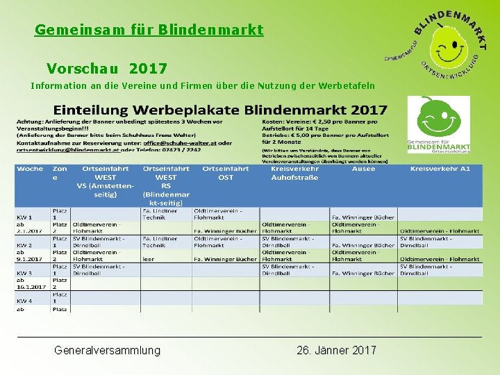 Gemeinsam für Blindenmarkt Vorschau 2017 Information an die Vereine und Firmen über die Nutzung