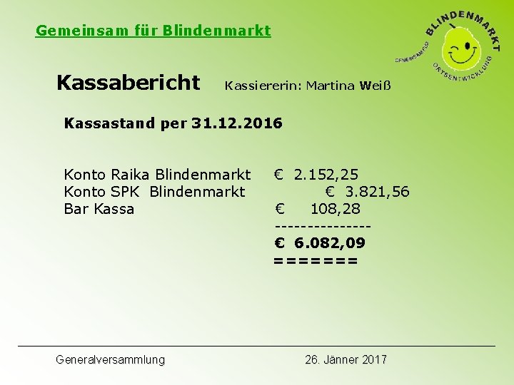 Gemeinsam für Blindenmarkt Kassabericht Kassiererin: Martina Weiß Kassastand per 31. 12. 2016 Konto Raika