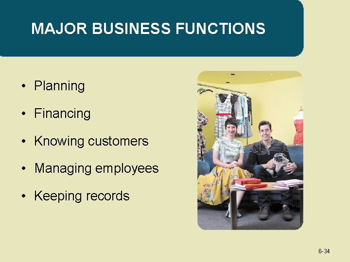MAJOR BUSINESS FUNCTIONS • Planning • Financing • Knowing customers • Managing employees •