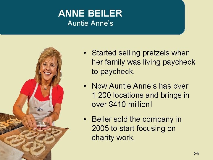 ANNE BEILER Auntie Anne’s • Started selling pretzels when her family was living paycheck