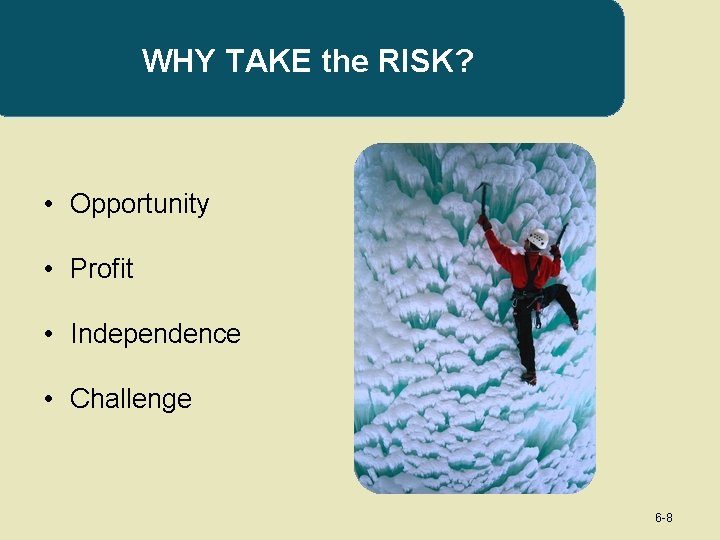 WHY TAKE the RISK? • Opportunity • Profit • Independence • Challenge 6 -8