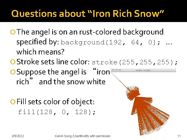 Questions about “Iron Rich Snow” The angel is on an rust-colored background specified by: