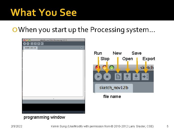 What You See When you start up the Processing system… Run New Save Stop