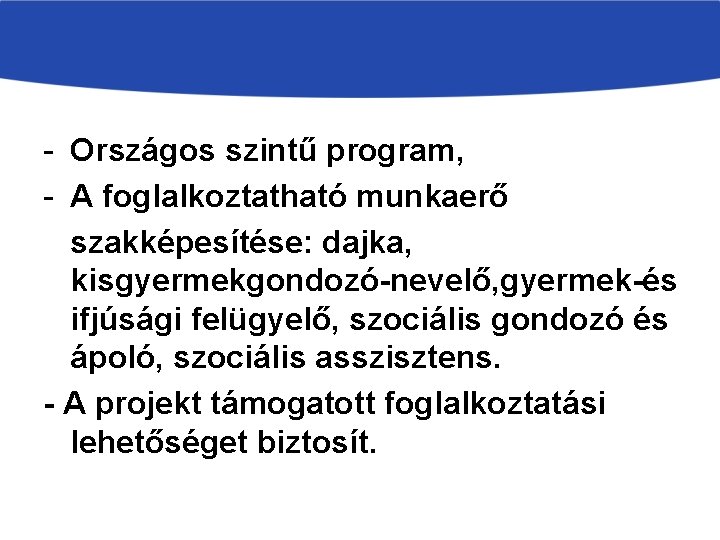 - Országos szintű program, - A foglalkoztatható munkaerő szakképesítése: dajka, kisgyermekgondozó-nevelő, gyermek-és ifjúsági felügyelő,