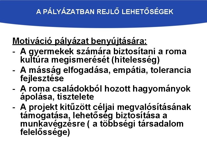 A PÁLYÁZATBAN REJLŐ LEHETŐSÉGEK Motiváció pályázat benyújtására: - A gyermekek számára biztosítani a roma