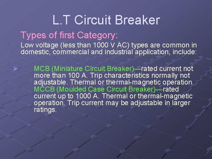 L. T Circuit Breaker Types of first Category: Low voltage (less than 1000 V