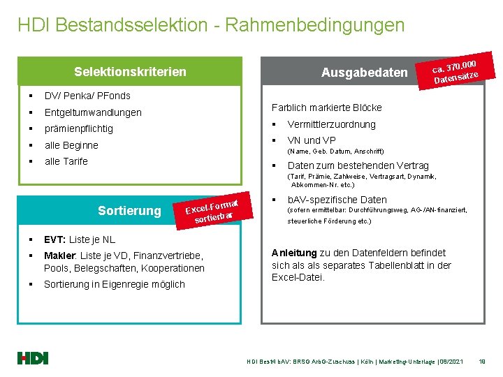 HDI Bestandsselektion - Rahmenbedingungen Selektionskriterien Ausgabedaten § DV/ Penka/ PFonds § Entgeltumwandlungen Farblich markierte