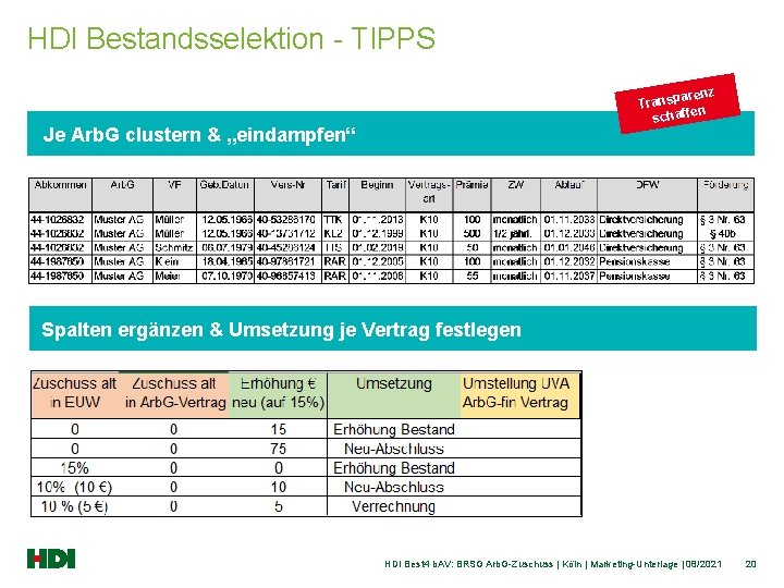 HDI Bestandsselektion - TIPPS arenz Transp n schaffe Je Arb. G clustern & „eindampfen“
