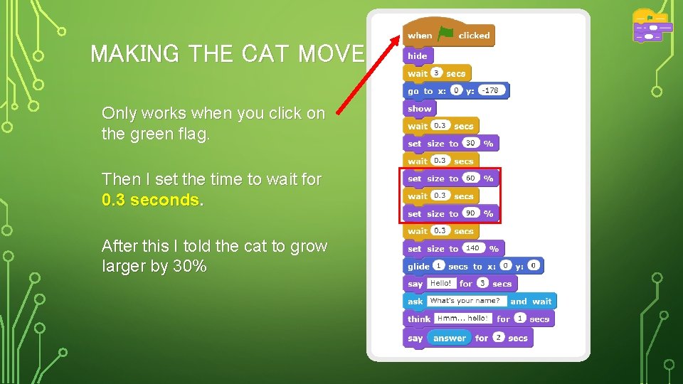 MAKING THE CAT MOVE Only works when you click on the green flag. Then MAKING THE CAT MOVE Only works when you click on the green flag. Then