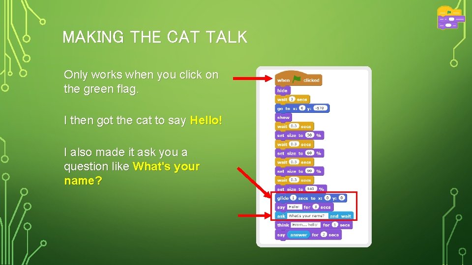 MAKING THE CAT TALK Only works when you click on the green flag. I MAKING THE CAT TALK Only works when you click on the green flag. I