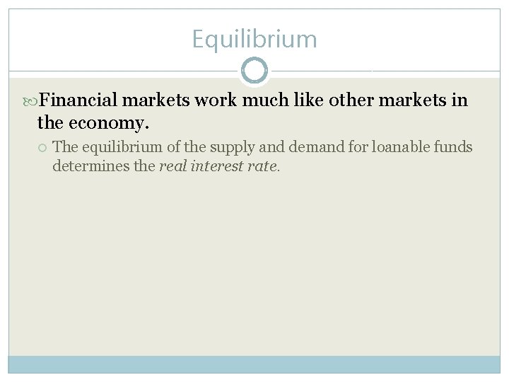 Equilibrium Financial markets work much like other markets in the economy. The equilibrium of