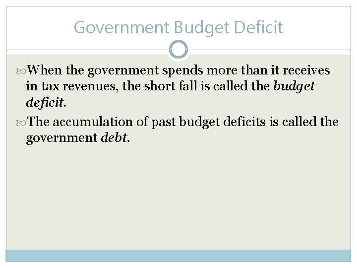 Government Budget Deficit When the government spends more than it receives in tax revenues,