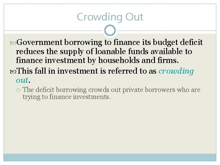 Crowding Out Government borrowing to finance its budget deficit reduces the supply of loanable