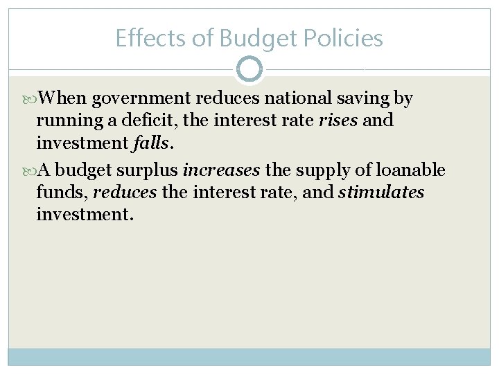 Effects of Budget Policies When government reduces national saving by running a deficit, the