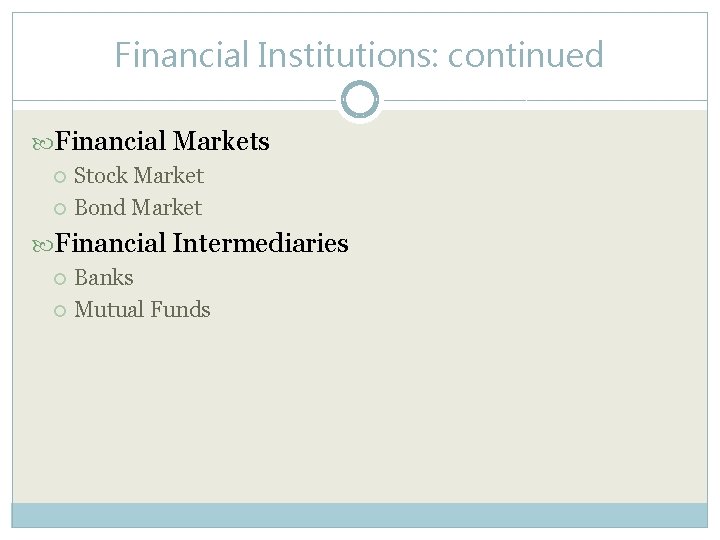 Financial Institutions: continued Financial Markets Stock Market Bond Market Financial Intermediaries Banks Mutual Funds
