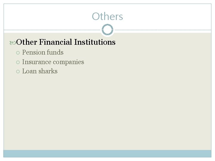 Others Other Financial Institutions Pension funds Insurance companies Loan sharks 