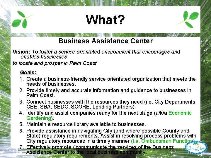 What? Business Assistance Center Vision: To foster a service orientated environment that encourages and