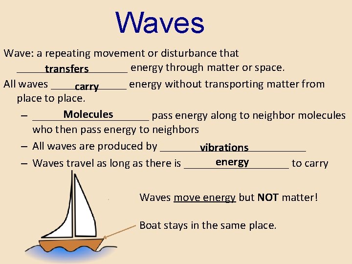 Waves Wave: a repeating movement or disturbance that __________ energy through matter or space.