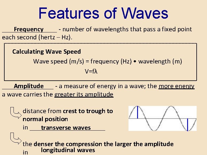 Features of Waves Frequency ________ - number of wavelengths that pass a fixed point