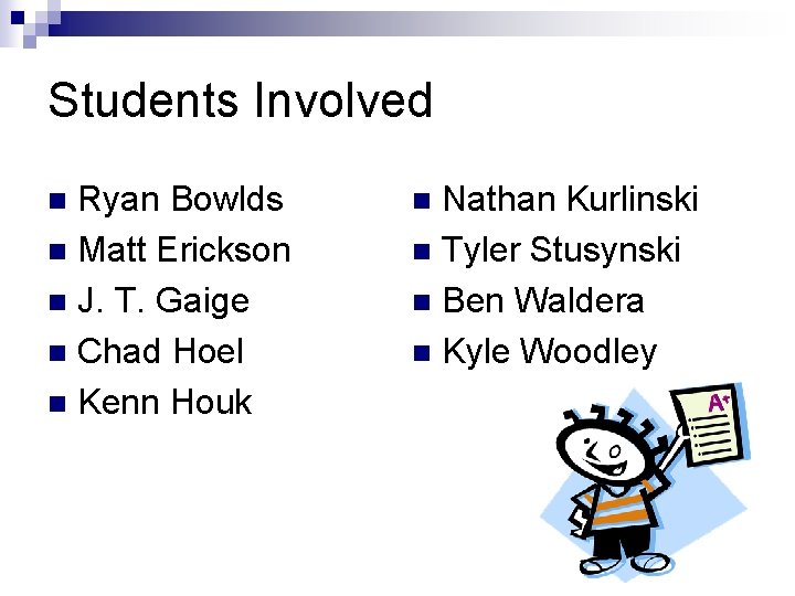 Students Involved Ryan Bowlds n Matt Erickson n J. T. Gaige n Chad Hoel