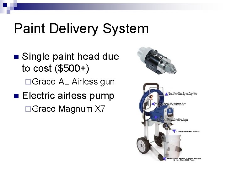 Paint Delivery System n Single paint head due to cost ($500+) ¨ Graco n