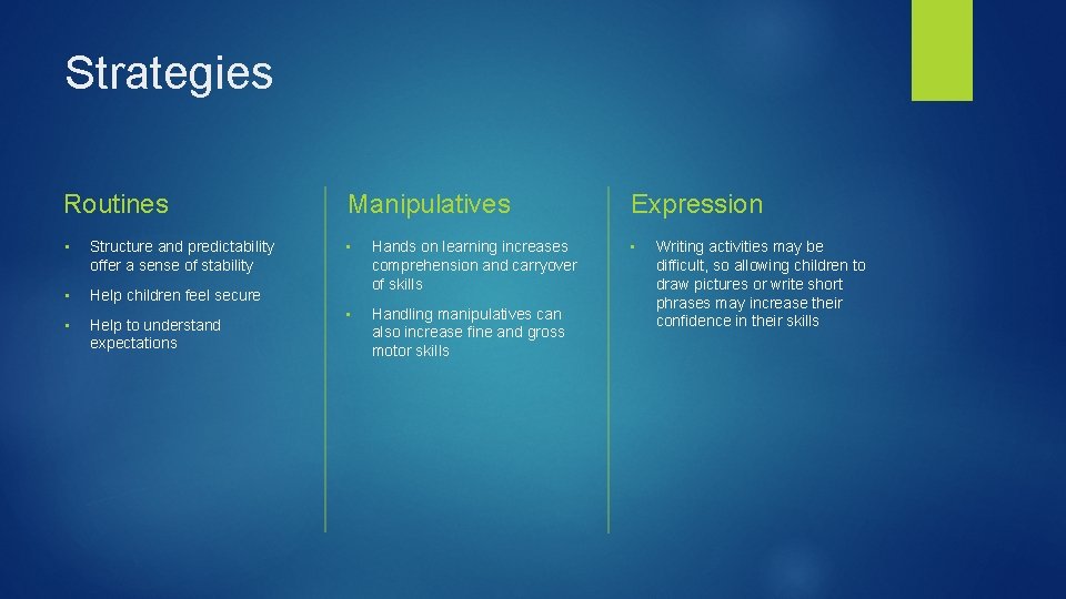 Strategies Routines • Structure and predictability offer a sense of stability • Help children